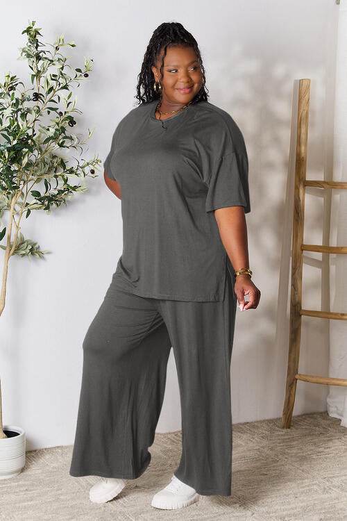 Double Take Full Size Round Neck Slit Top and Pants Set for a perfect OOTD – dress to impress outfits from Amexza