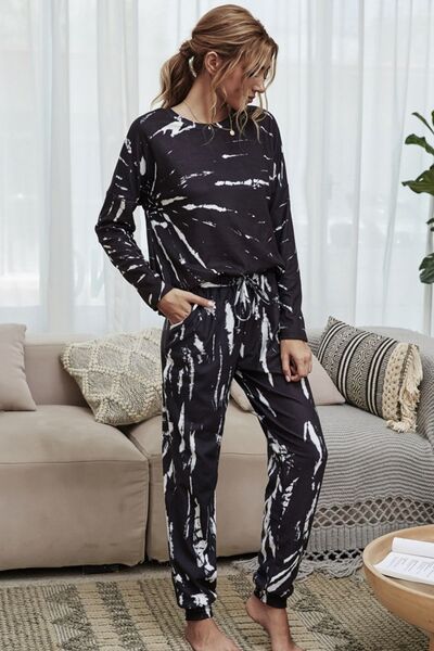 Shiny Tie-Dye Round Neck Top and Drawstring Waist Joggers Lounge Set Black for a perfect OOTD – dress to impress outfits from Amexza