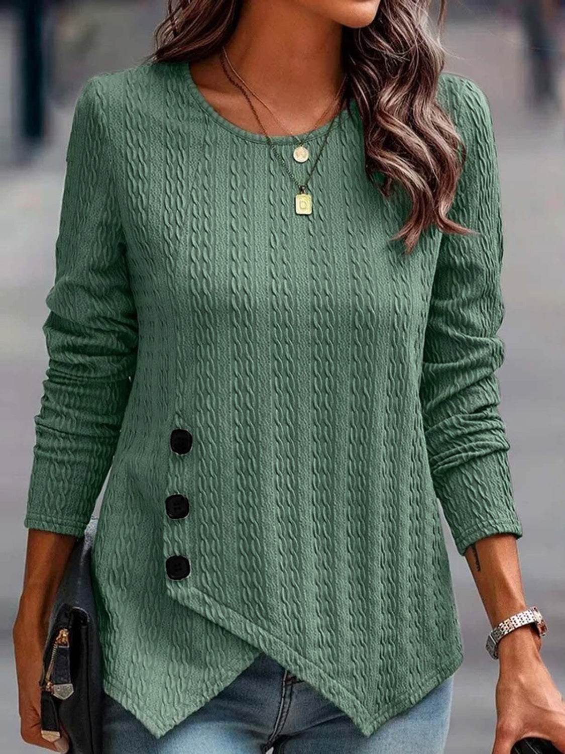 Decorative Button Round Neck Long Sleeve Top Matcha Green for a perfect OOTD – dress to impress outfits from Amexza