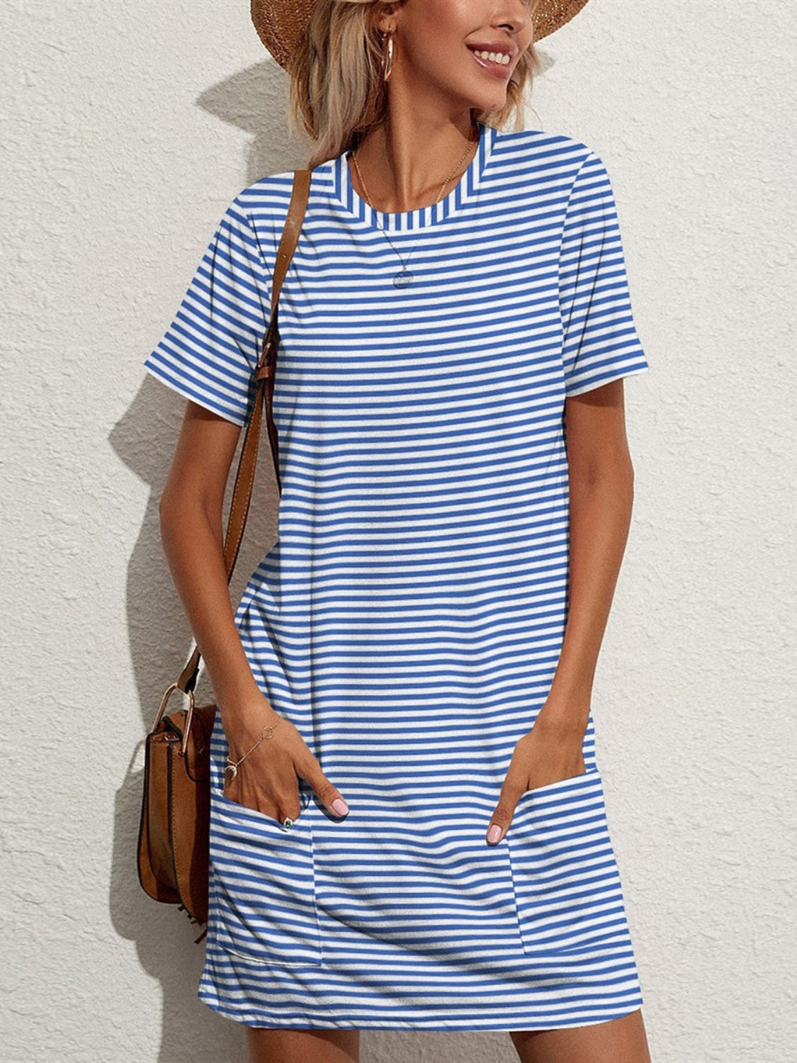 FAM-FAM Pocketed Striped Round Neck Short Sleeve Dress - Blue / S