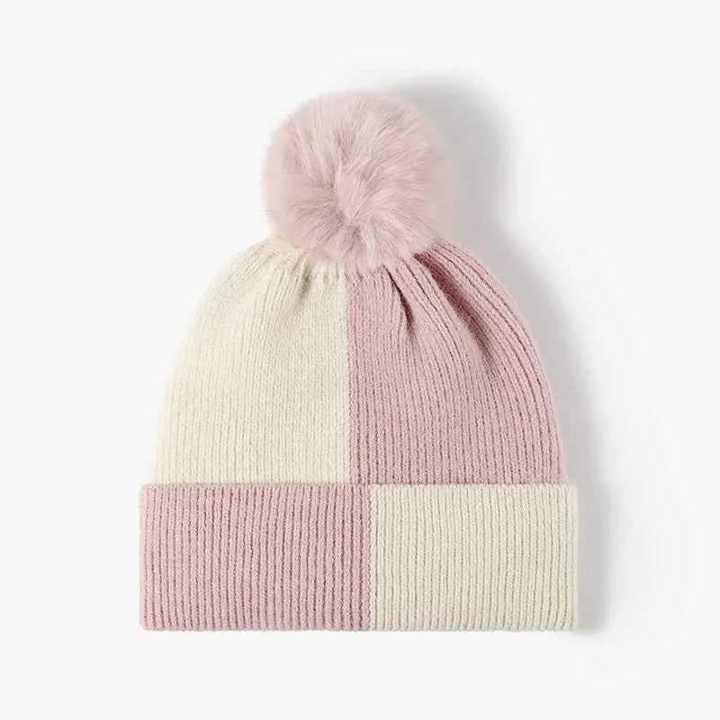 Color Block Knit Hat with Pom-pom Blush Pink One Size for a perfect OOTD – dress to impress outfits from Amexza