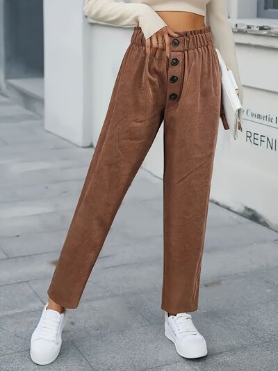 Decorative Button High Waist Pants Brown for a perfect OOTD – dress to impress outfits from Amexza