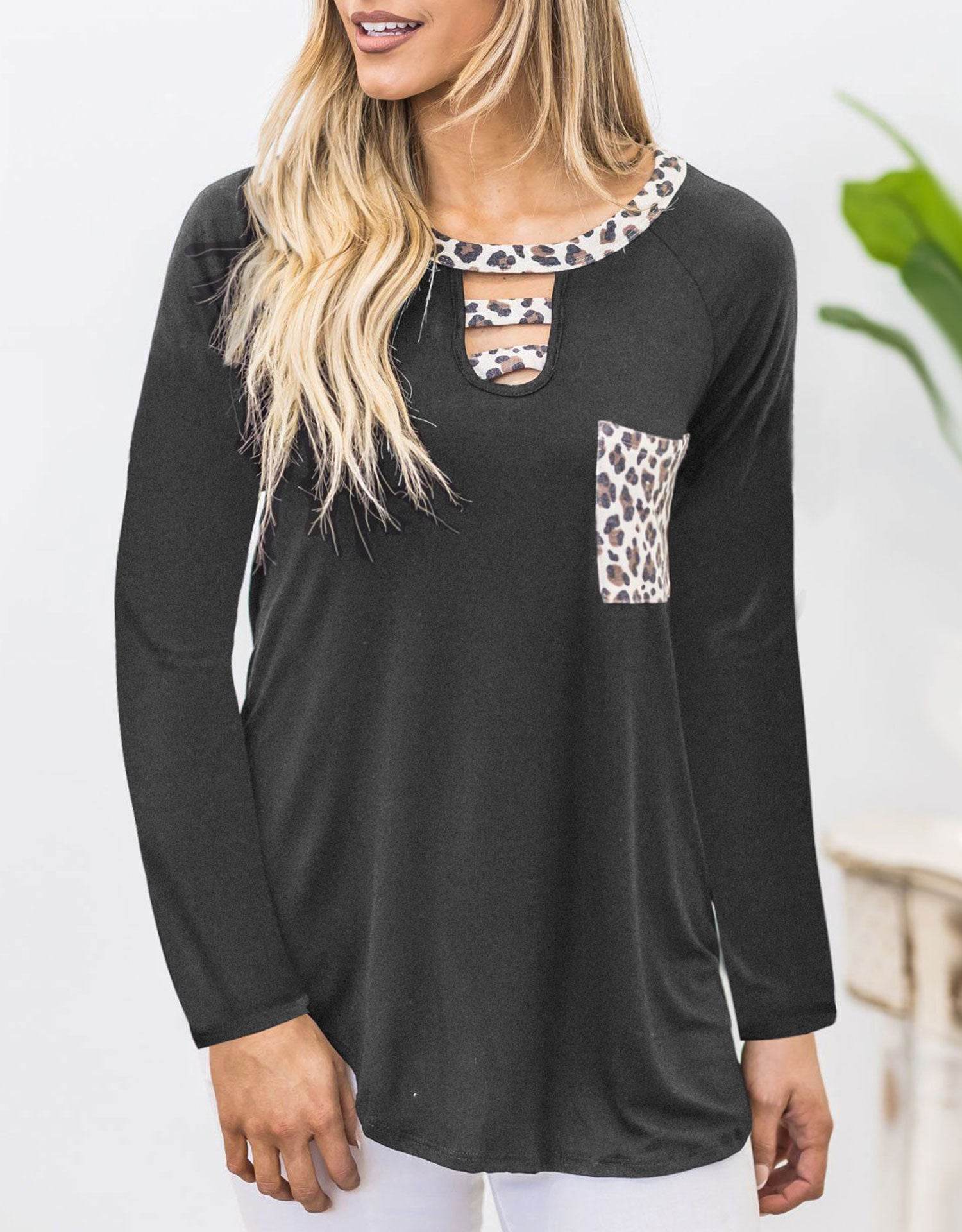 Cutout Leopard Round Neck Long Sleeve T-Shirt Dark Gray for a perfect OOTD – dress to impress outfits from Amexza