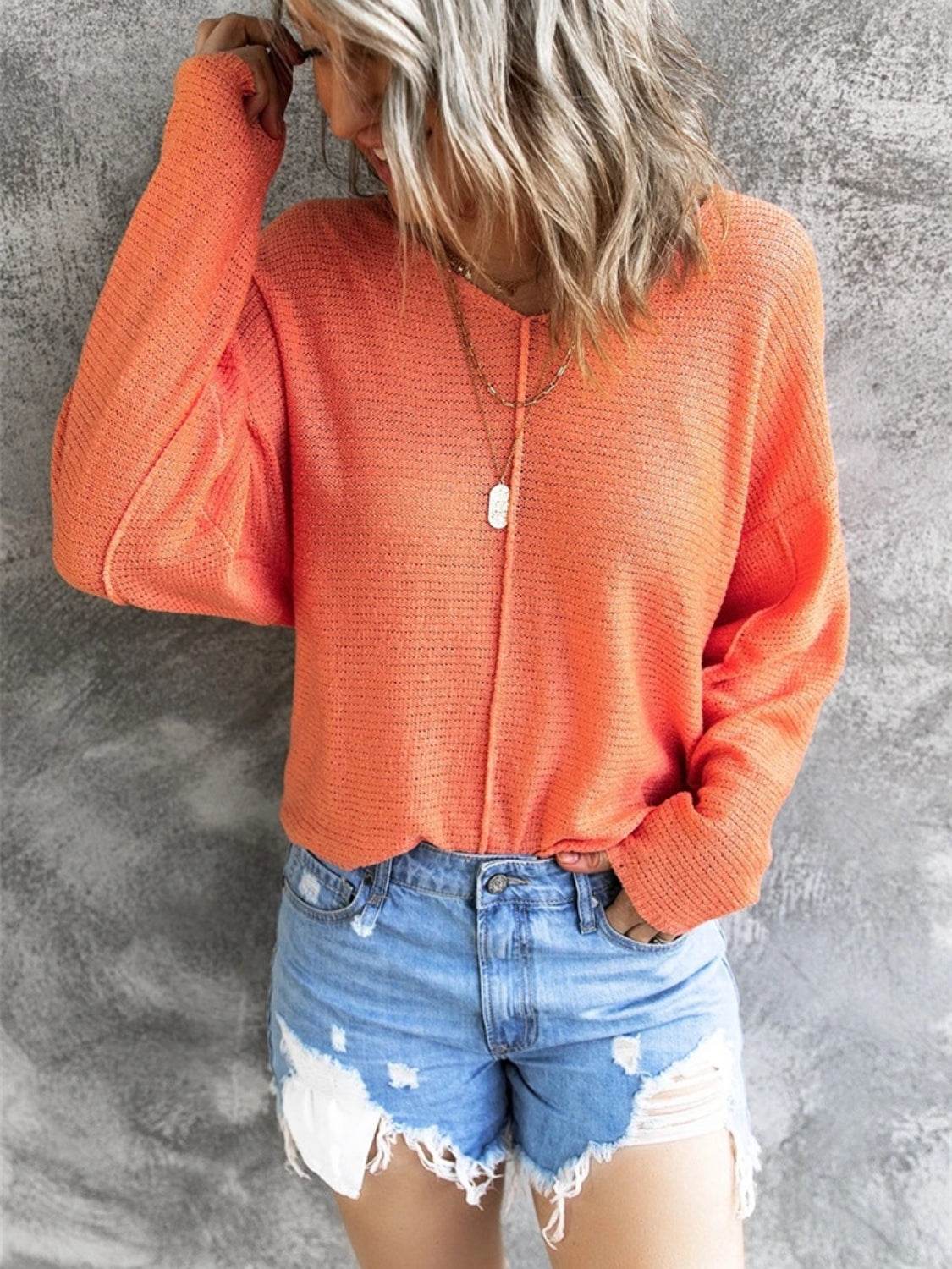 V-Neck Drop Shoulder Knit Top Orange for a perfect OOTD – dress to impress outfits from Amexza