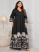 Honey Plus Size Printed V-Neck Long Sleeve Maxi Dress - Amexza