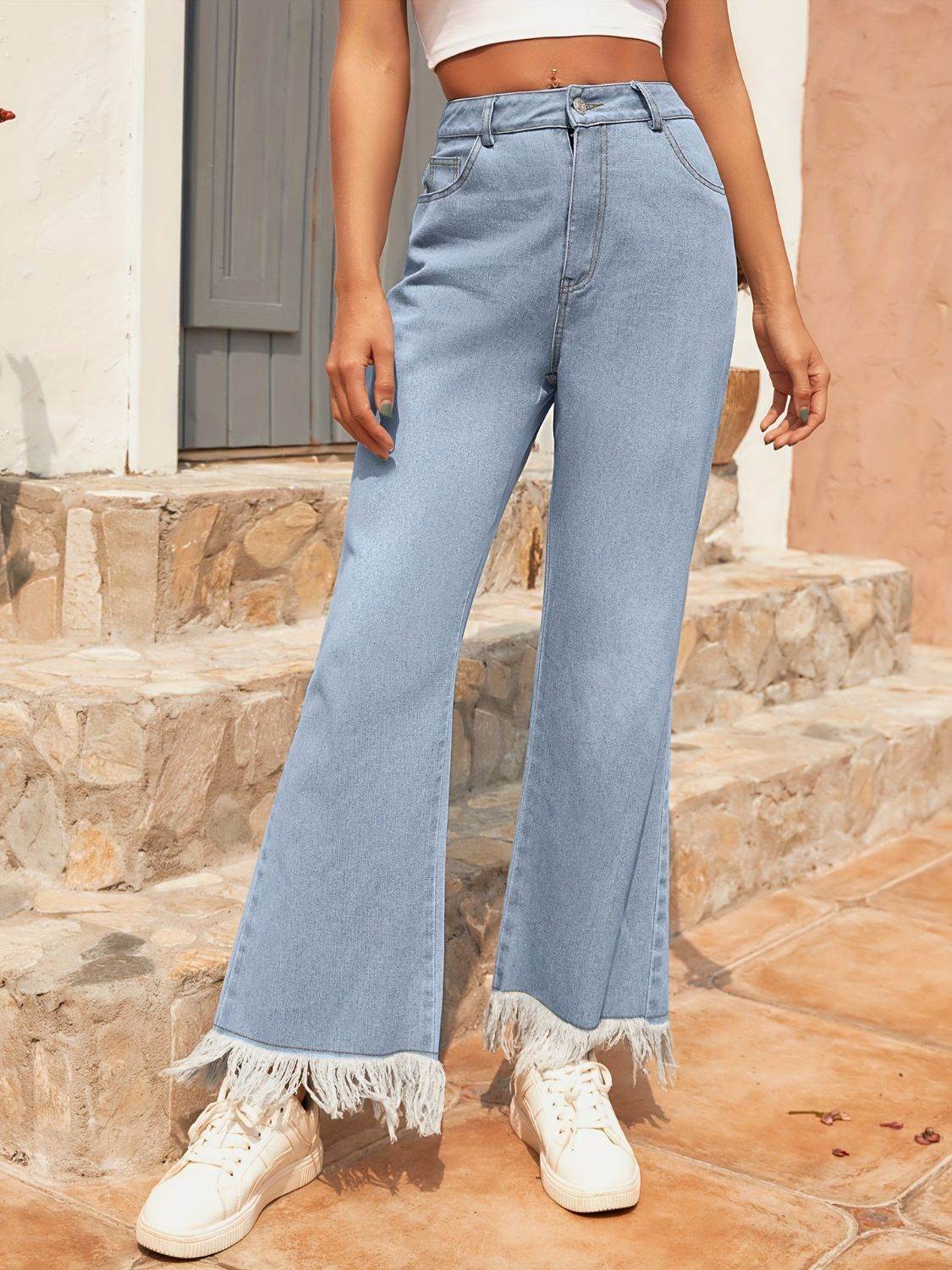 Raw Hem Bootcut Jeans with Pockets Light for a perfect OOTD – dress to impress outfits from Amexza