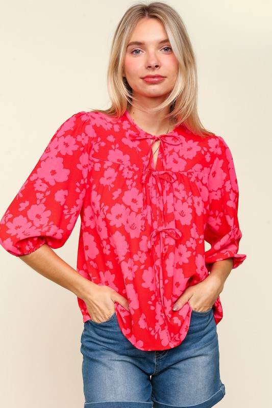 Haptics Full Size Ribbon Bow Floral Balloon Sleeve Blouse for a perfect OOTD – dress to impress outfits from Amexza