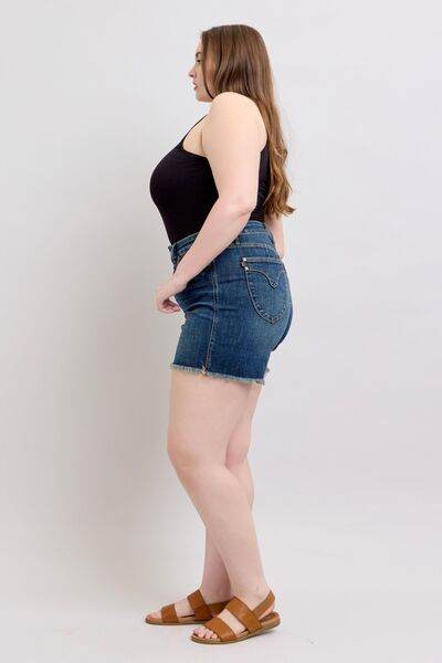 Judy Blue Tummy Control Fray Hem & Shield Back Pockets Denim Shorts for a perfect OOTD – dress to impress outfits from Amexza