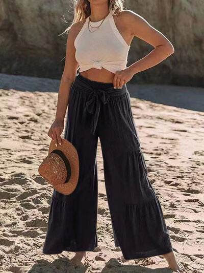 Tied Ruched Wide Leg Pants - Amexza