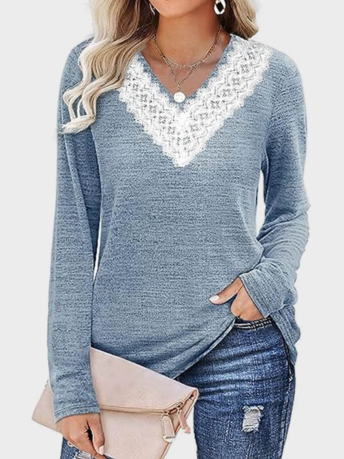 Lace Detail V-Neck Long Sleeve T-Shirt Light Blue for a perfect OOTD – dress to impress outfits from Amexza