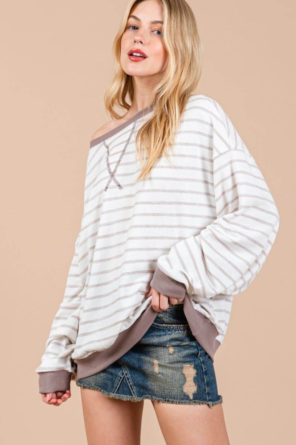 Ces Femme Striped Round Neck Drop Shoulder Sweatshirt - Amexza