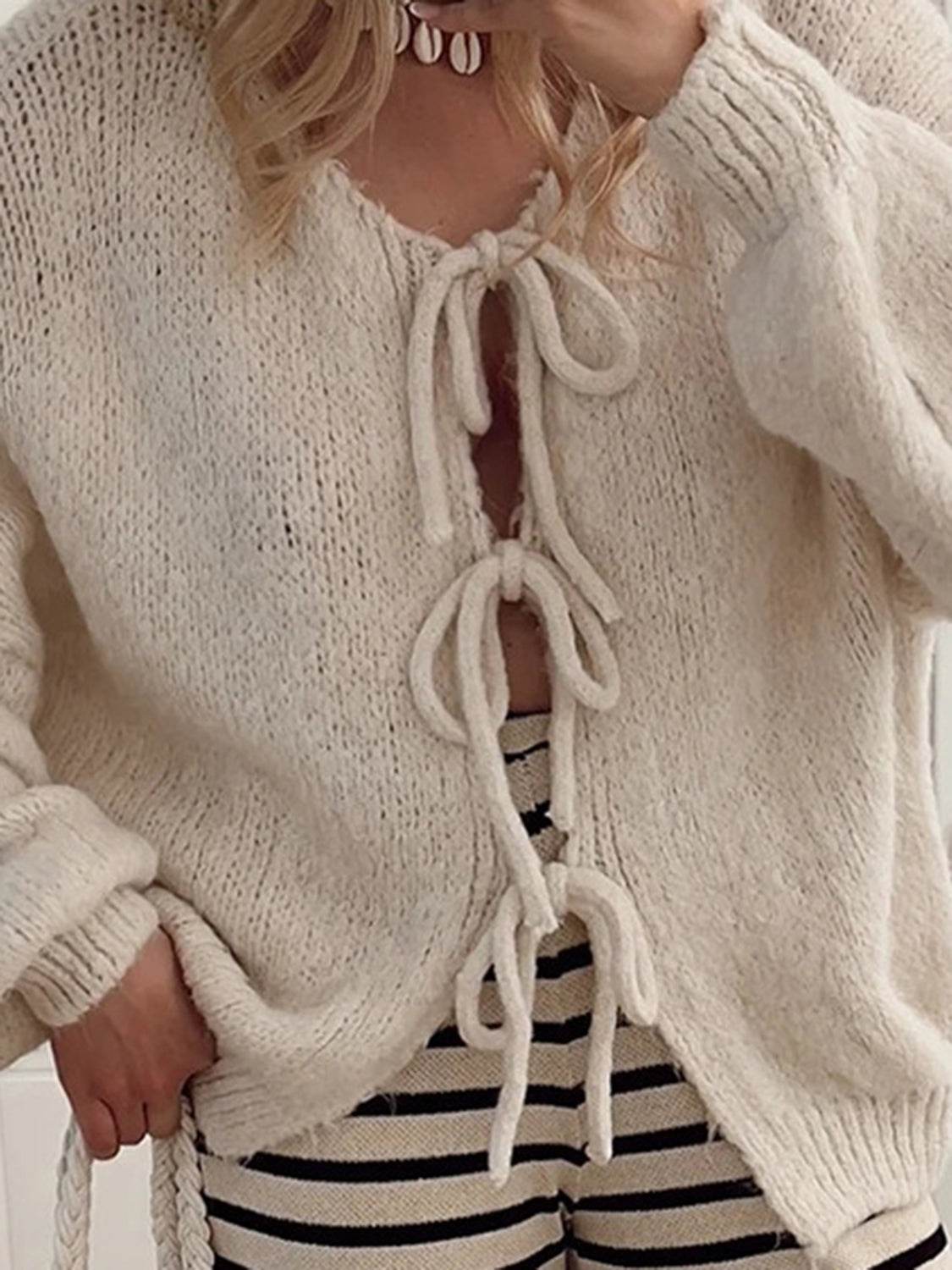 Tied Long Sleeve Dropped Shoulder Cardigan - Amexza