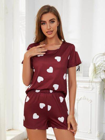 Heart Round Neck Top and Shorts Lounge Set - Amexza