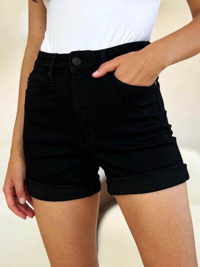 Judy Blue Full Size High Waist Tummy Control Cuffed Denim Shorts Black for a perfect OOTD – dress to impress outfits from Amexza