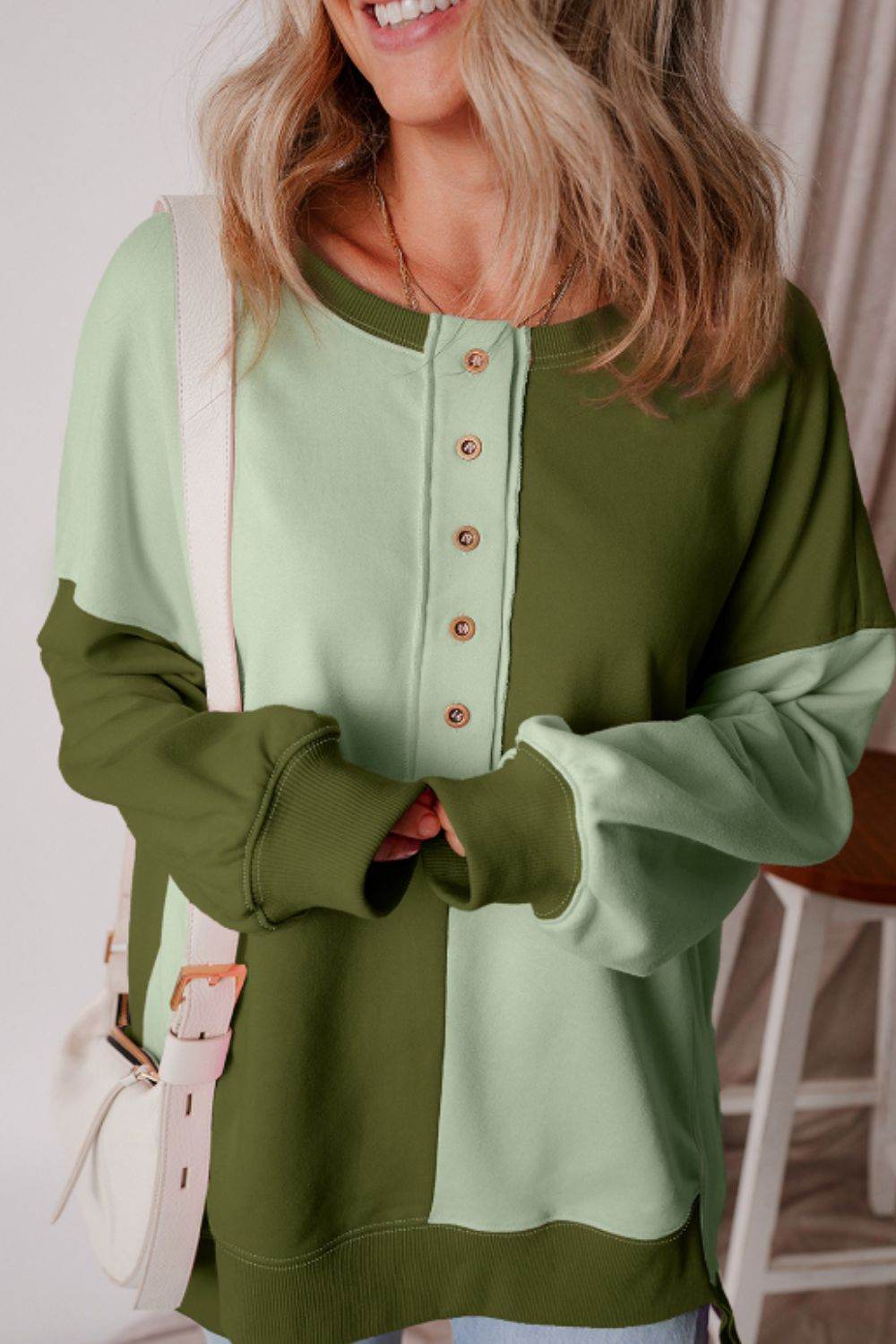 Color Block Half Button Long Sleeve Sweatshirt - Amexza