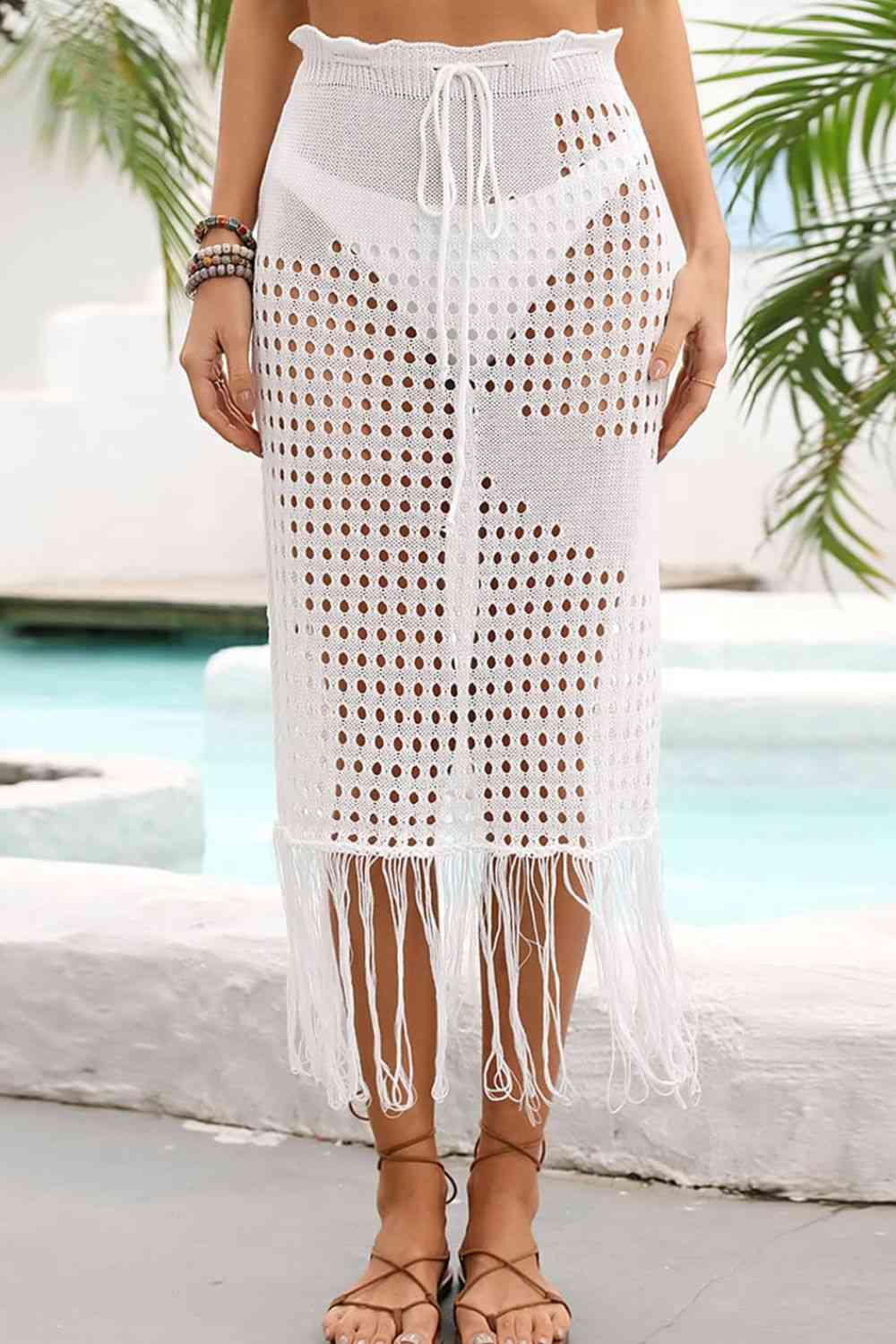 Angel Wings Fringe Hem Drawstring Waist Openwork Skirt White for a perfect OOTD – dress to impress outfits from Amexza