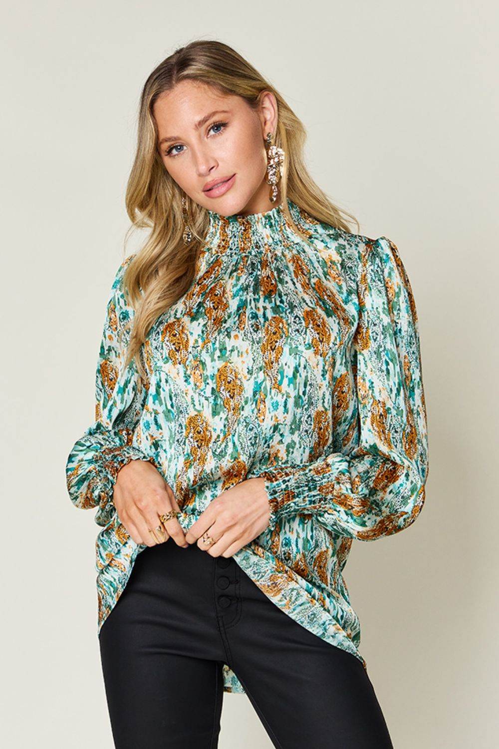 Double Take Full Size Printed Smocked Long Sleeve Blouse for a perfect OOTD – dress to impress outfits from Amexza