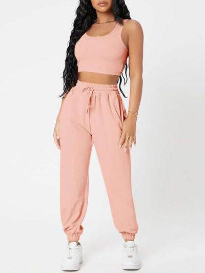 Wide Strap Top and Drawstring Joggers Set Watermelon pink for a perfect OOTD – dress to impress outfits from Amexza