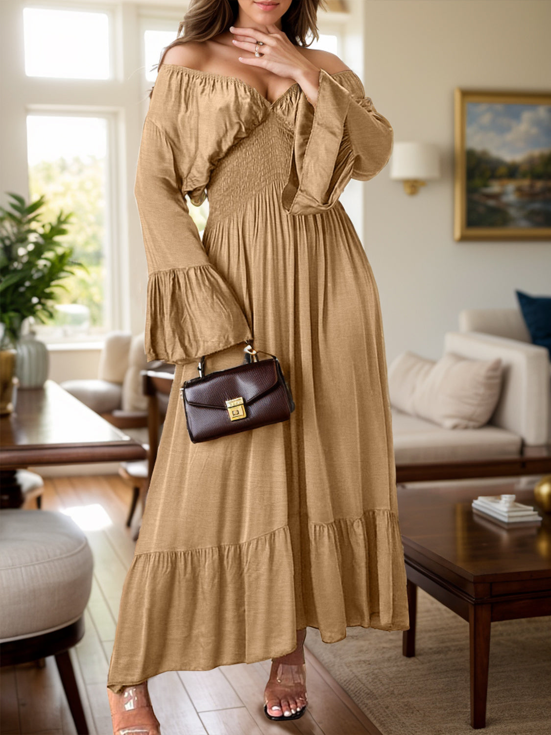 Smocked Flounce Sleeve Maxi Dress - Camel / S