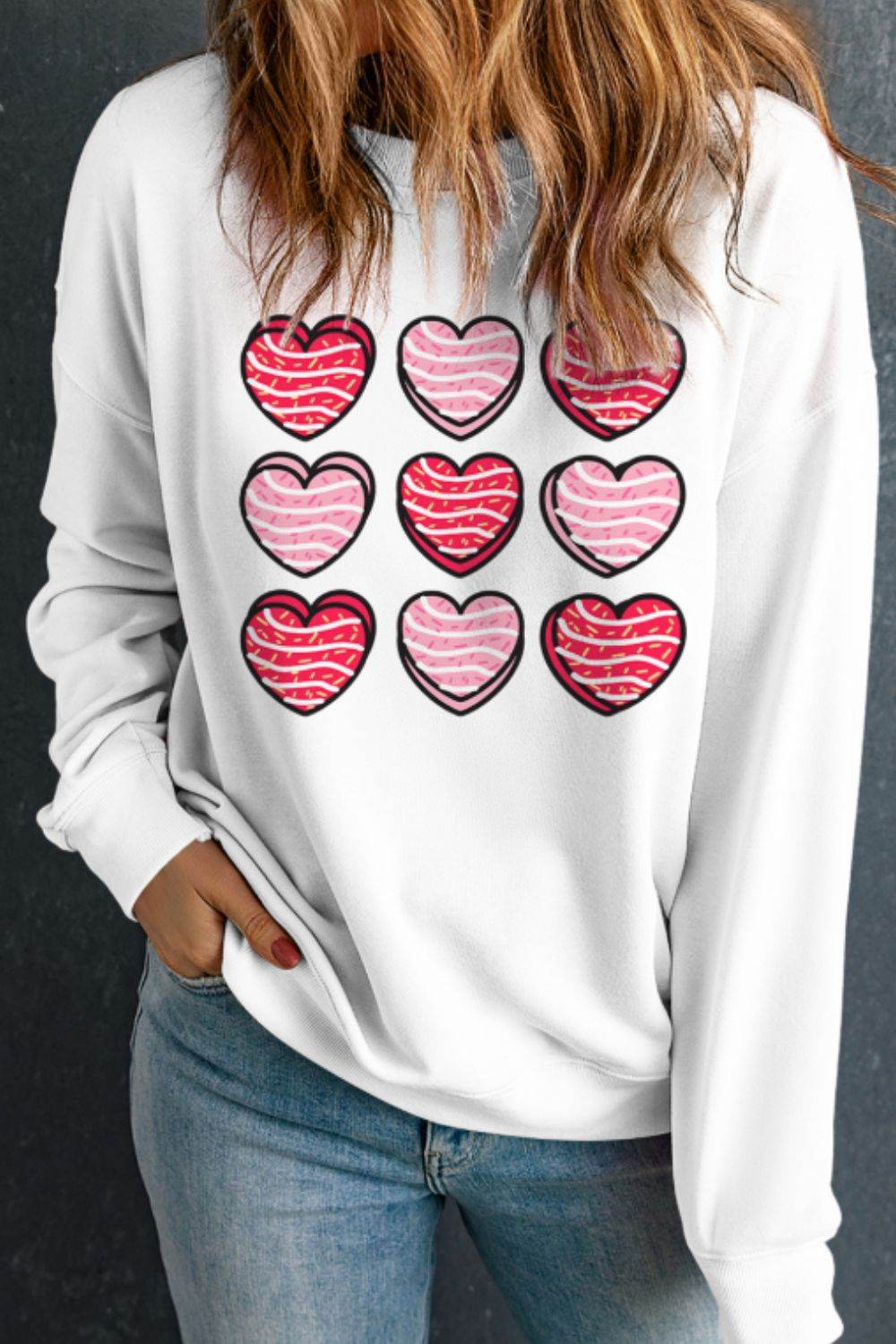 Valentine's Day Heart Round Neck Long Sleeve Sweatshirt White for a perfect OOTD – dress to impress outfits from Amexza