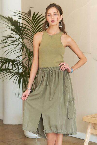 ADORA Drawstring Sleeveless Washed Dress Lt Olive for a perfect OOTD – dress to impress outfits from Amexza