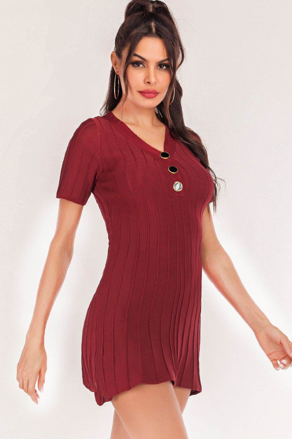 Buttoned Short Sleeve V-Neck Knit Dress for a perfect OOTD – dress to impress outfits from Amexza