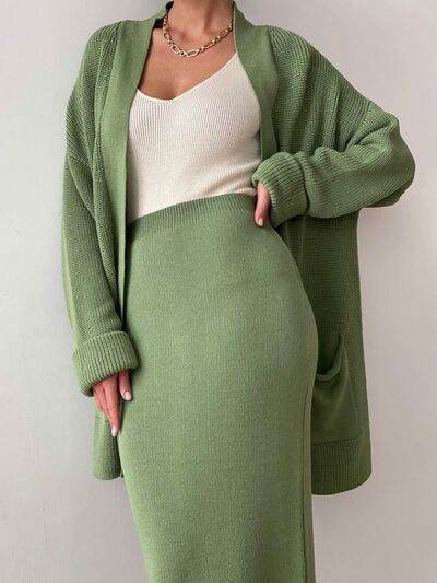 Pocketed Long Sleeve Cardigan and Skirt Sweater Set - Amexza