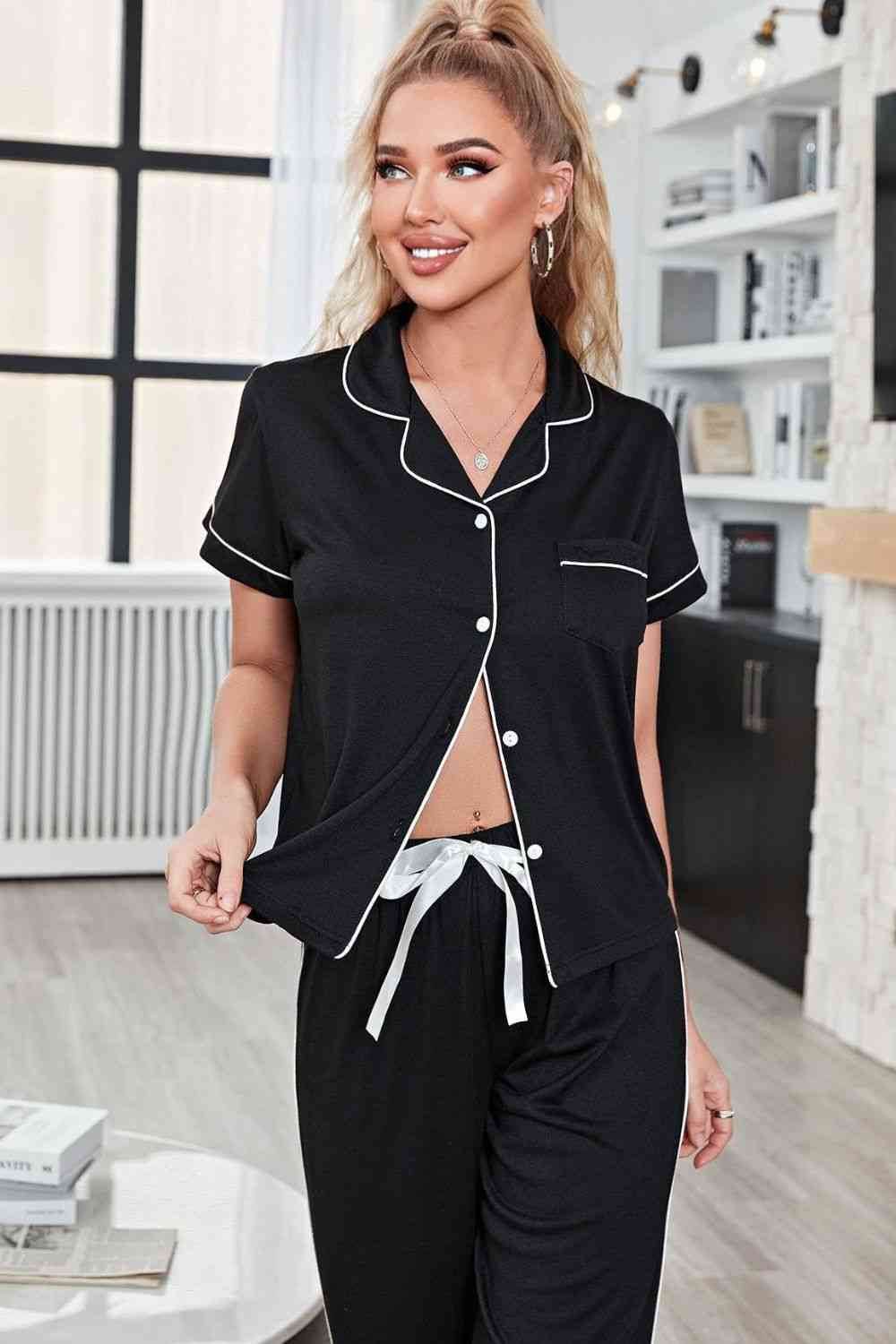 Contrast Piping Short Sleeve Top and Pants Pajama Set for a perfect OOTD – dress to impress outfits from Amexza