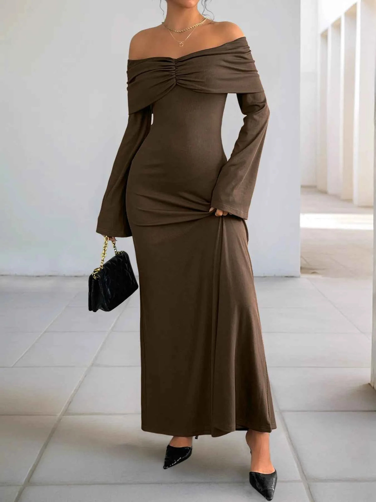 Off-Shoulder Long Sleeve Bodycon Maxi Dress