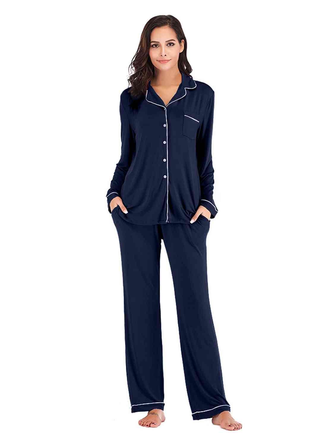 Collared Neck Long Sleeve Loungewear Set with Pockets for a perfect OOTD – dress to impress outfits from Amexza