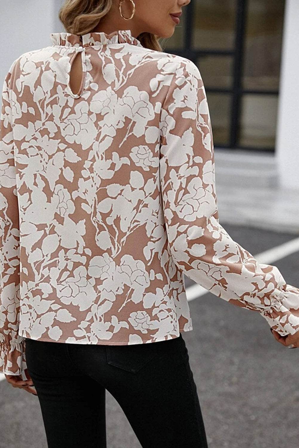 Floral Print Mock Neck Flounce Sleeve Blouse for a perfect OOTD – dress to impress outfits from Amexza