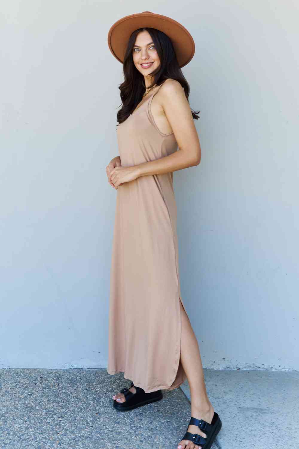 Ninexis Good Energy Full Size Cami Side Slit Maxi Dress in Camel for a perfect OOTD – dress to impress outfits from Amexza