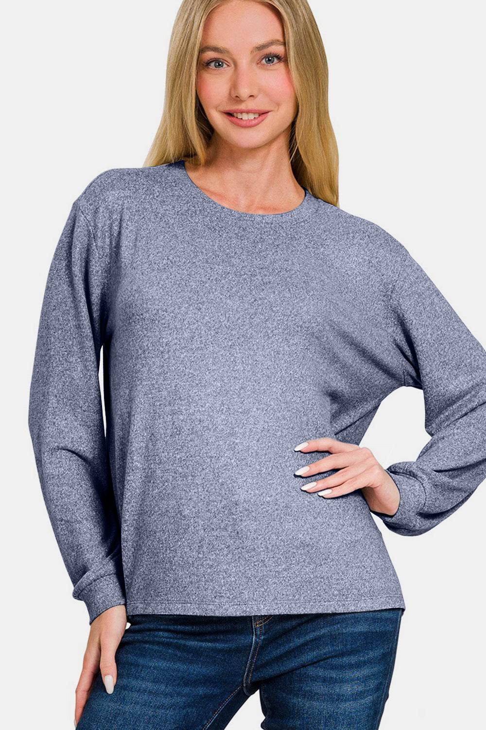 Zenana Hacci Round Neck Long Sleeve T-Shirt LT Navy for a perfect OOTD – dress to impress outfits from Amexza