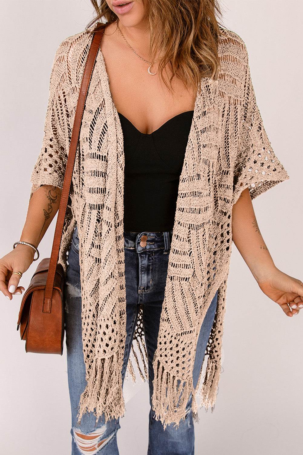 Openwork Open Front Cardigan with Fringes Tan One Size for a perfect OOTD – dress to impress outfits from Amexza