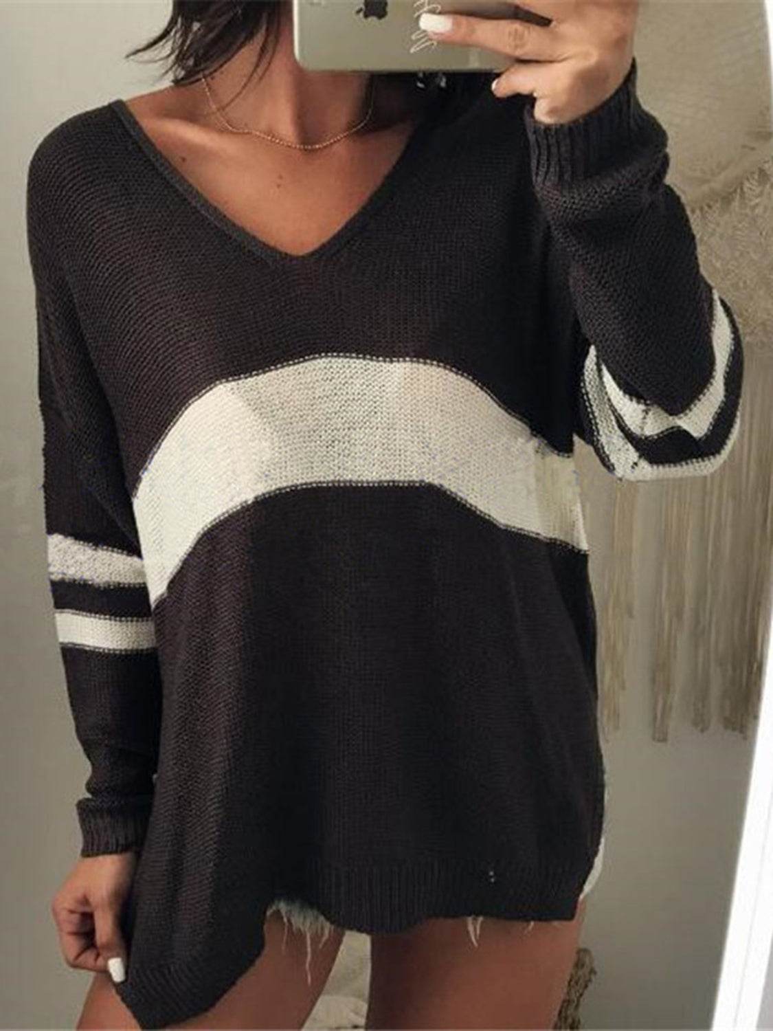Striped V-Neck Long Sleeve Sweater for a perfect OOTD – dress to impress outfits from Amexza