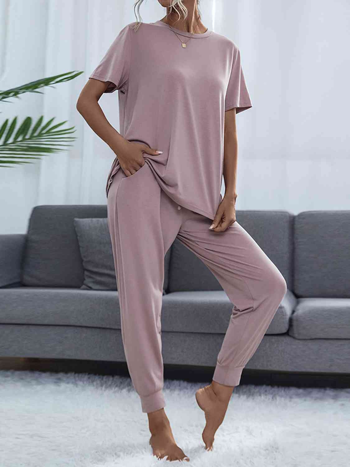 Shiny Round Neck Short Sleeve Top and Pants Set Lilac for a perfect OOTD – dress to impress outfits from Amexza