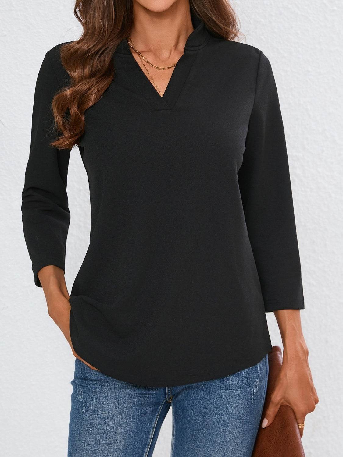 Notched Three-Quarter Sleeve Top Black for a perfect OOTD – dress to impress outfits from Amexza