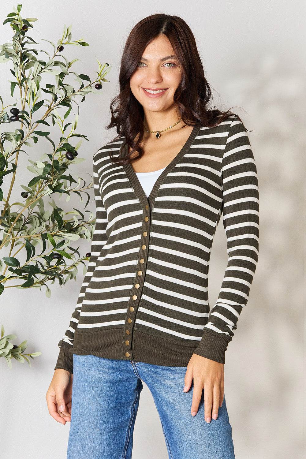 Zenana Full Size Striped Snap Down Cardigan Dark Olive Ivory for a perfect OOTD – dress to impress outfits from Amexza