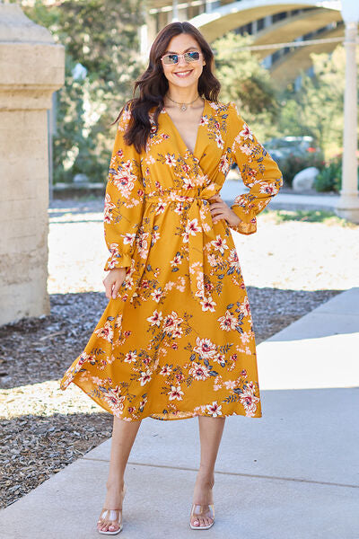 Double Take Full Size Floral Tie Back Flounce Sleeve Dress Caramel for a perfect OOTD – dress to impress outfits from Amexza