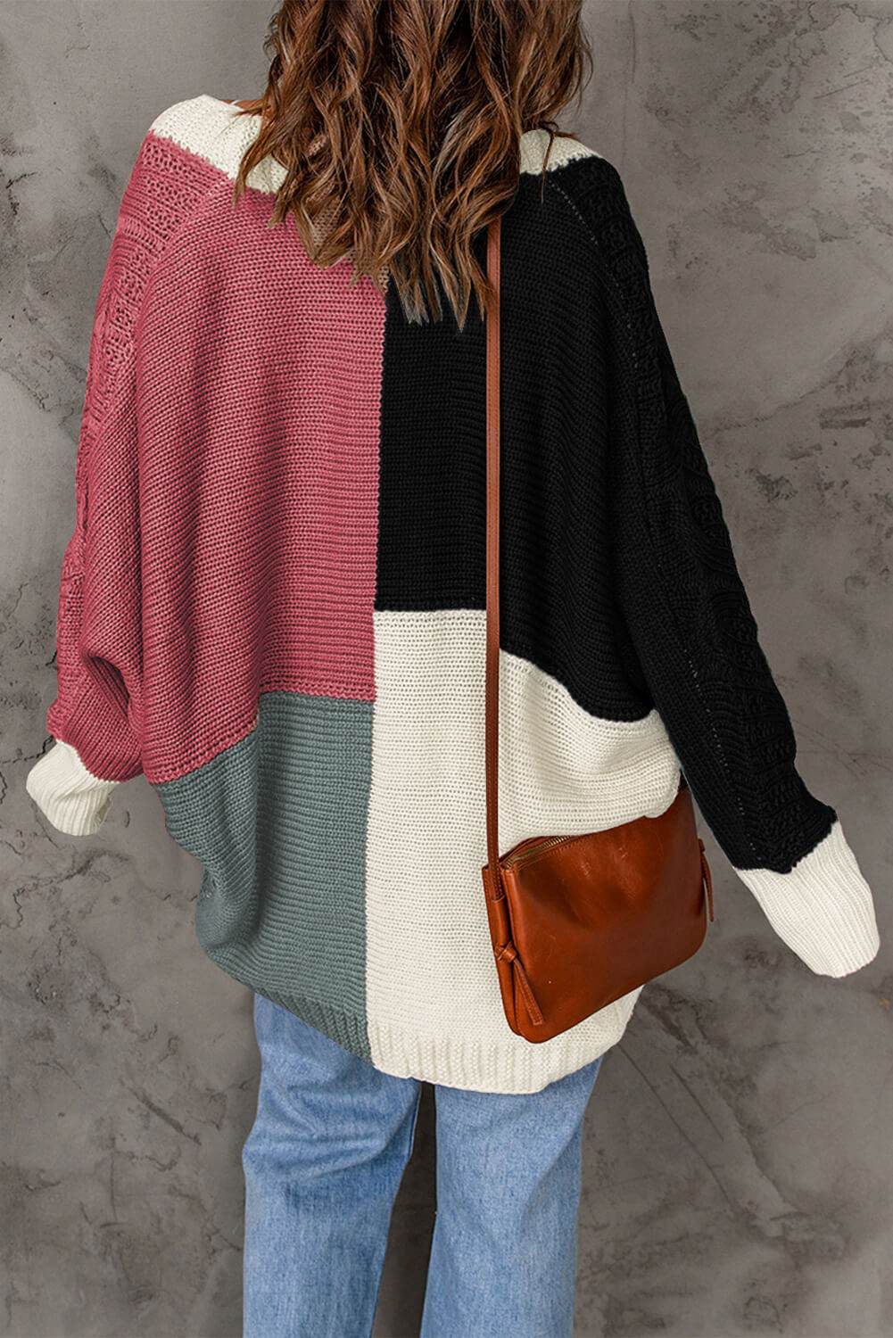 Woven Right Color Block Cable-Knit Batwing Sleeve Cardigan - Amexza