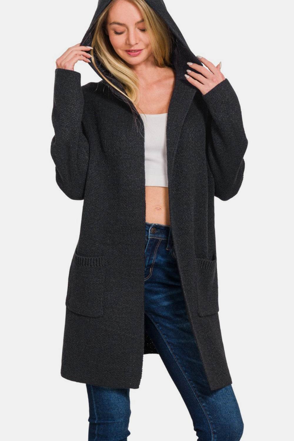 Zenana Hooded Open Front Sweater Cardigan for a perfect OOTD – dress to impress outfits from Amexza