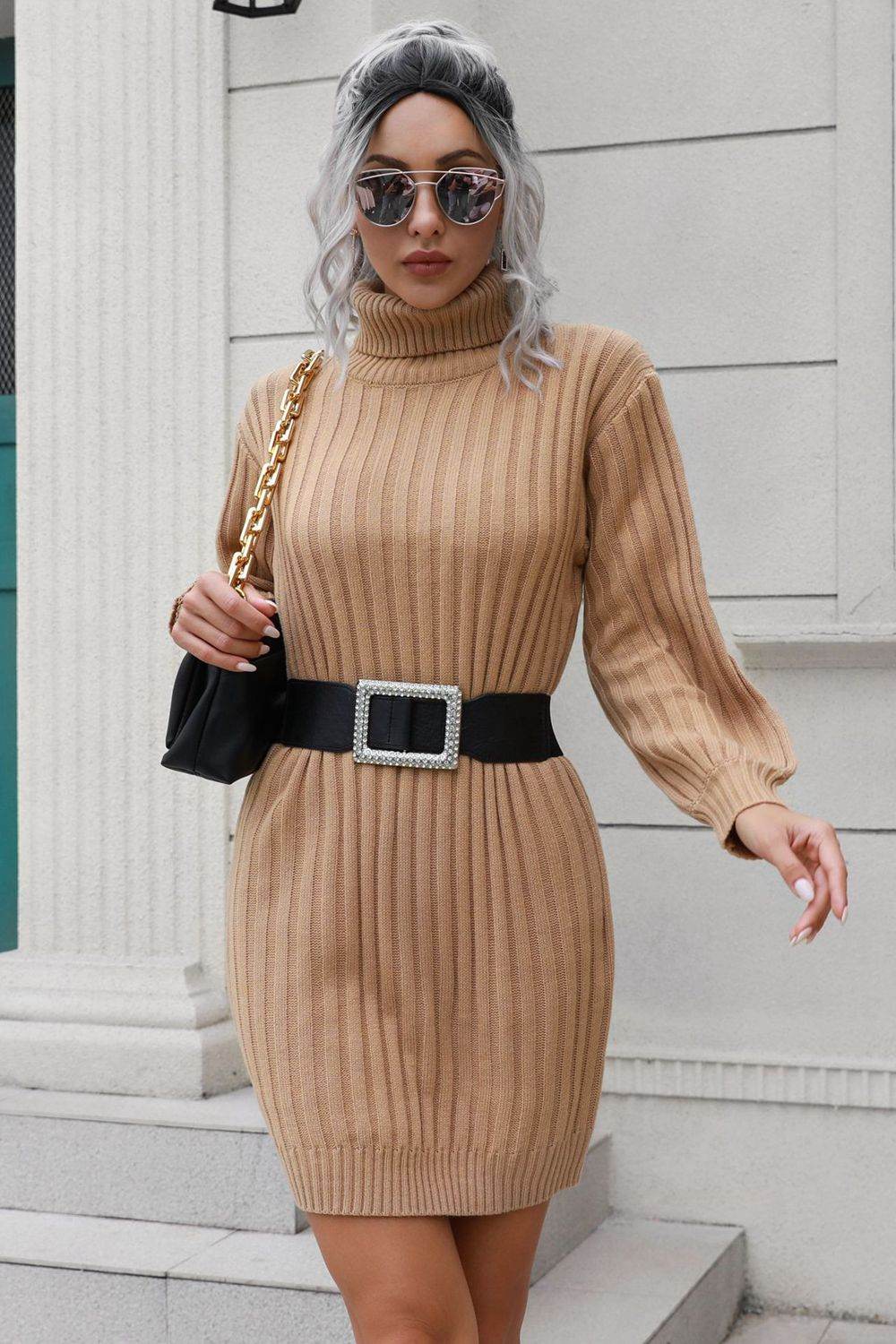 Ribbed Turtle Neck Long Sleeve Mini Sweater Dress - Amexza