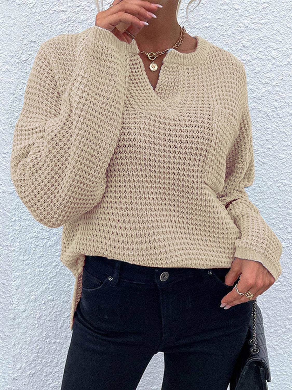 Notched Long Sleeve Sweater Tan for a perfect OOTD – dress to impress outfits from Amexza