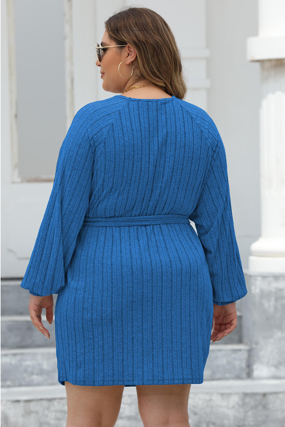 Plus Size Ribbed Tie Front Long Sleeve Sweater Dress for a perfect OOTD – dress to impress outfits from Amexza