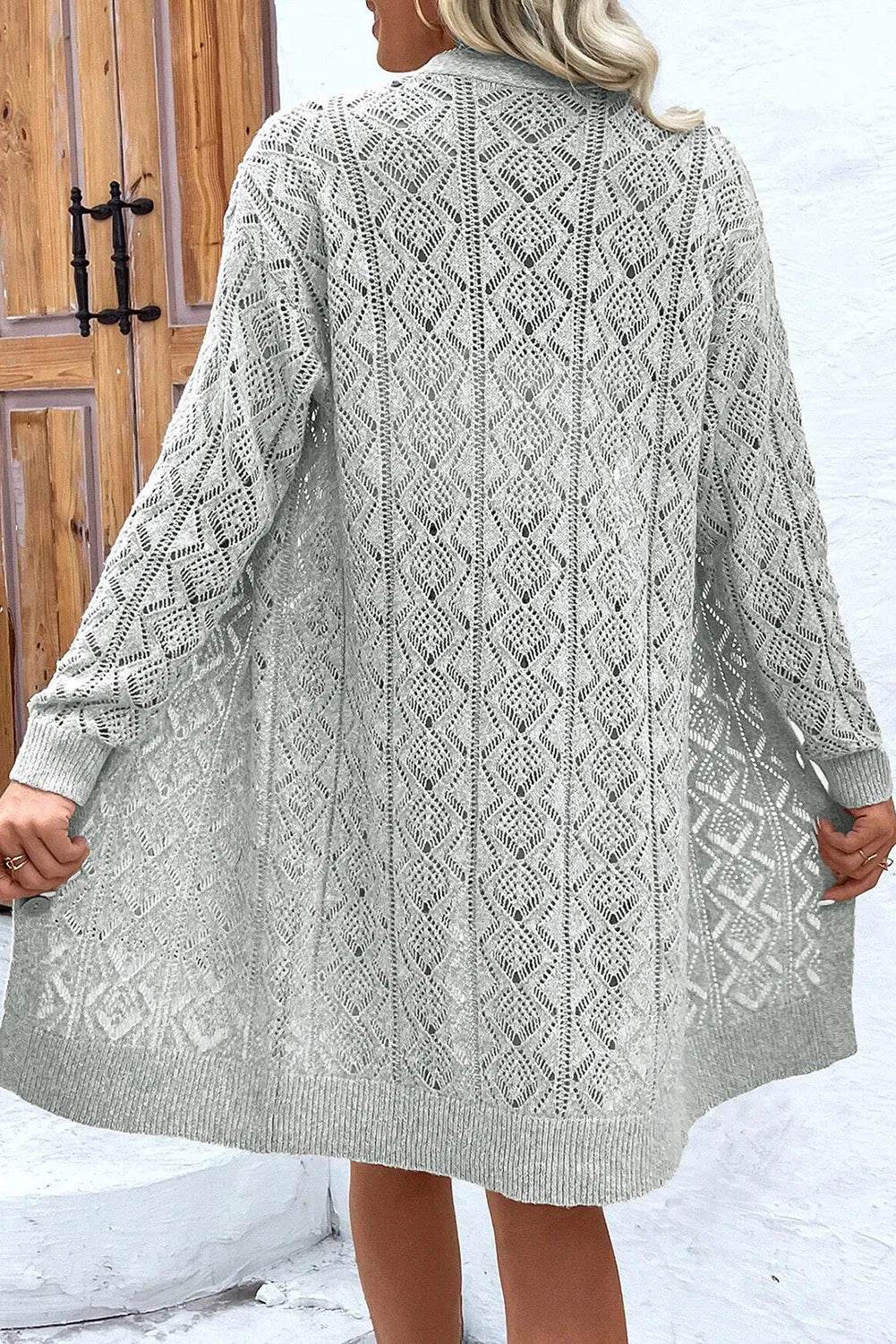 Openwork Button Down Long Sleeve Cardigan - Amexza