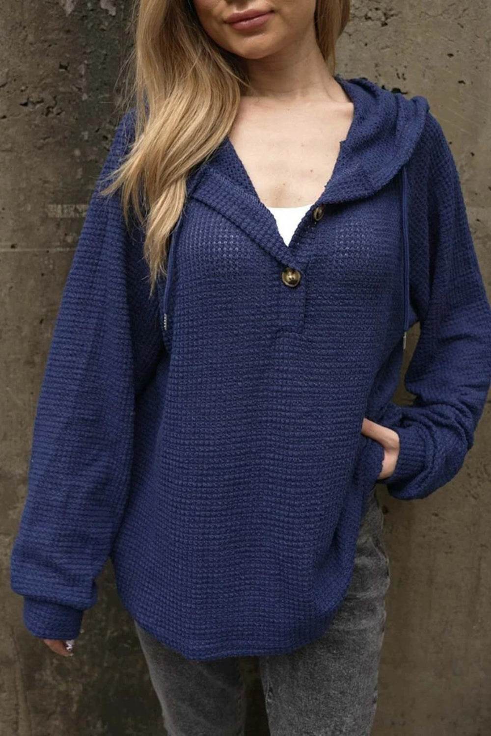 Waffle-Knit Long Sleeve Hooded T-Shirt Dark Blue for a perfect OOTD – dress to impress outfits from Amexza