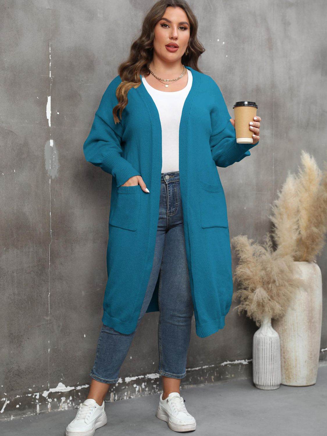 Plus Size Long Sleeve Pocketed Cardigan Teal for a perfect OOTD – dress to impress outfits from Amexza