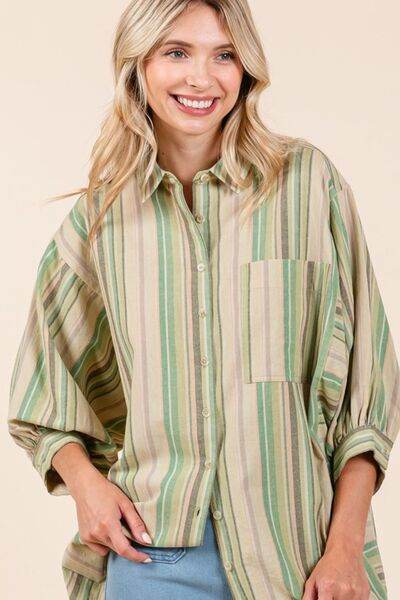 Mittoshop Striped Bubble Sleeve Button Down Shirt GREEN TEA for a perfect OOTD – dress to impress outfits from Amexza