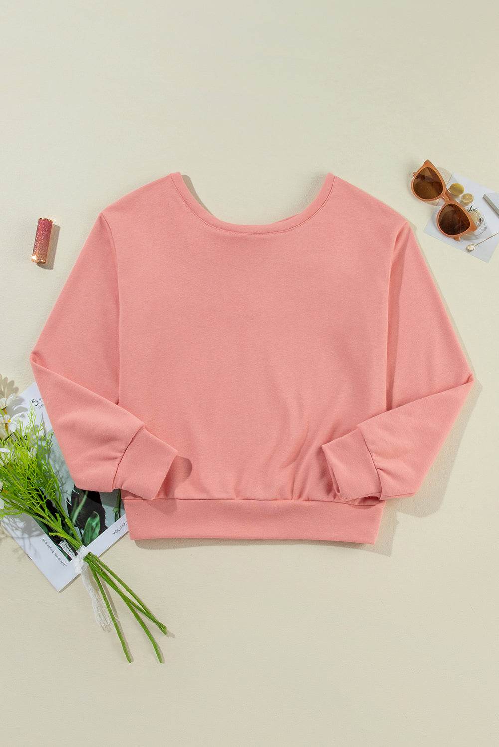 Bow Cutout Round Neck Long Sleeve Sweatshirt - Amexza