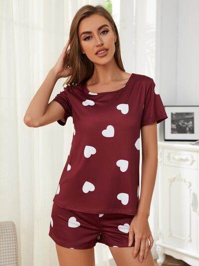 Heart Round Neck Top and Shorts Lounge Set - Amexza